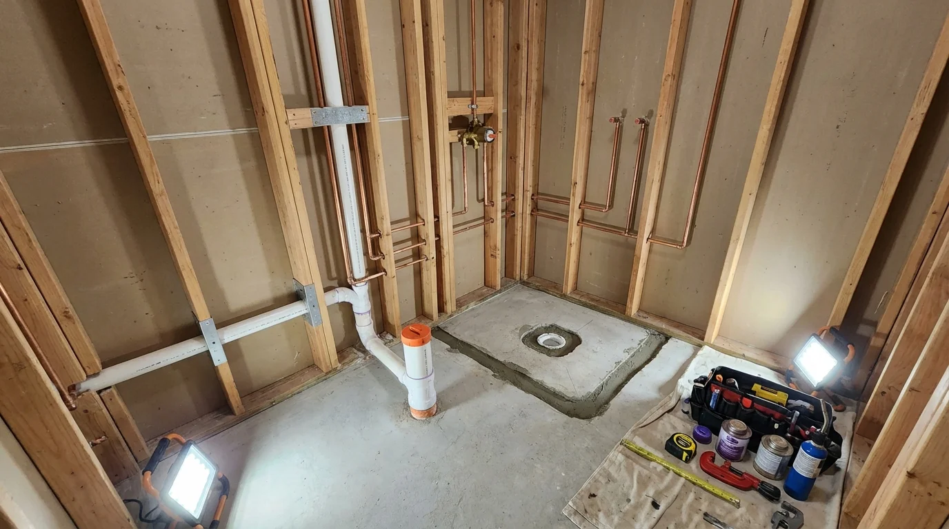 Bathroom rough-in plumbing during remodel by Johns Plumbing LLC in Addis