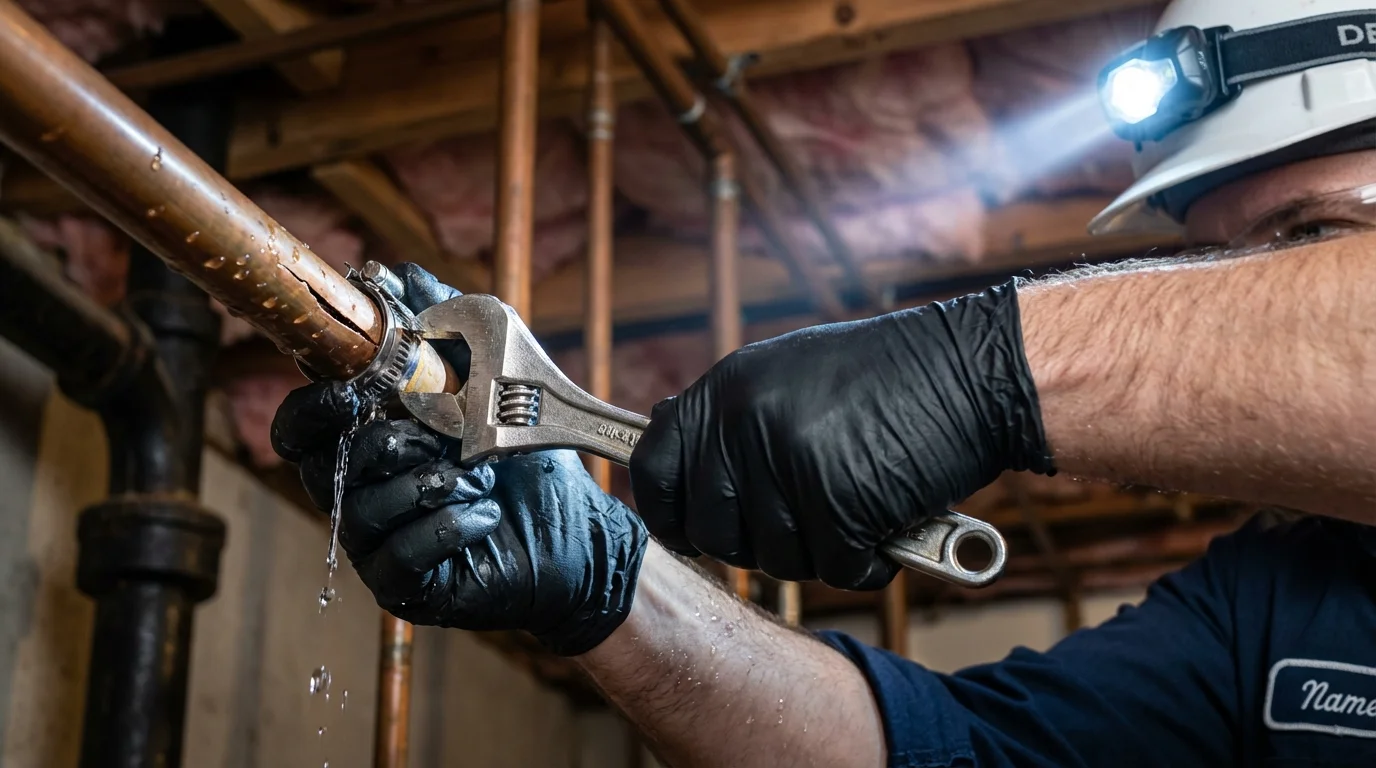 Emergency pipe clamp repair being performed by a Johns Plumbing LLC plumber in Addis