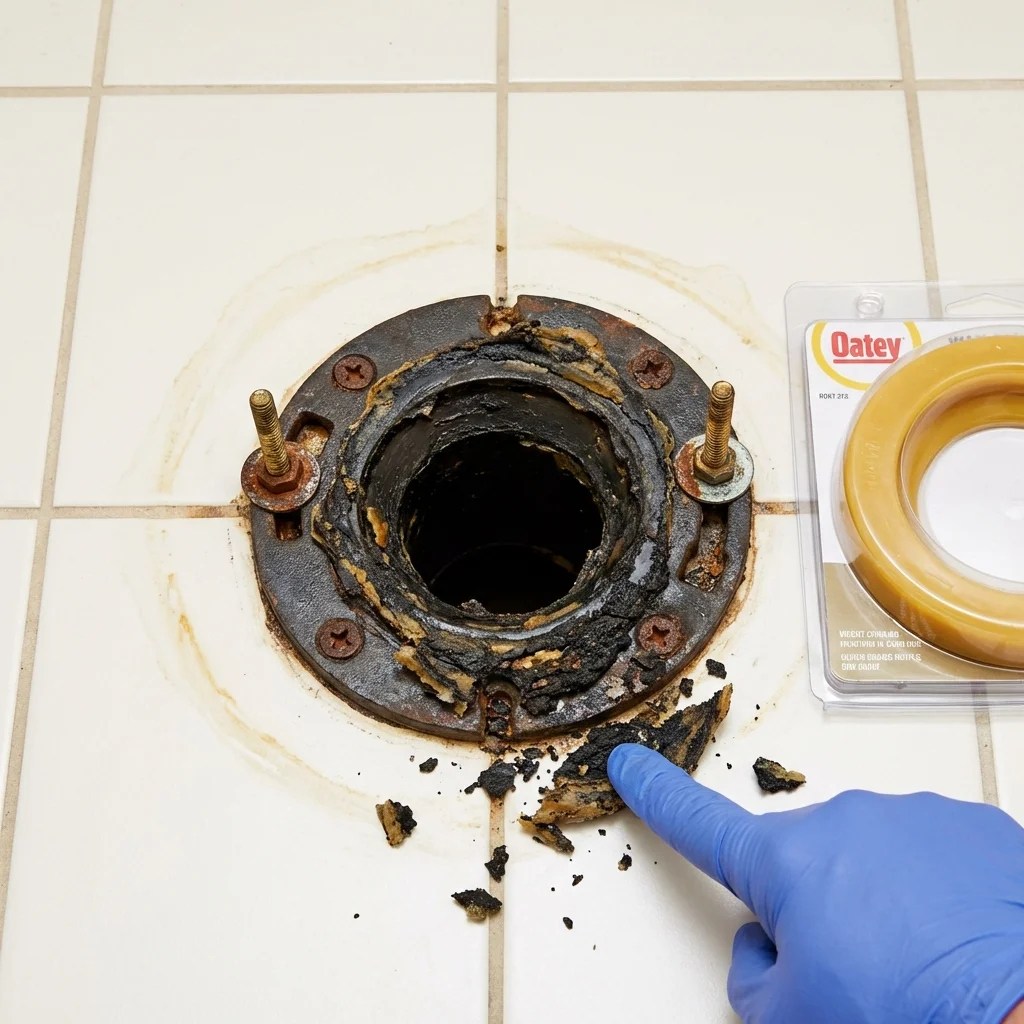 Failed wax ring showing water seepage at the base of a toilet in a Addis, LA home