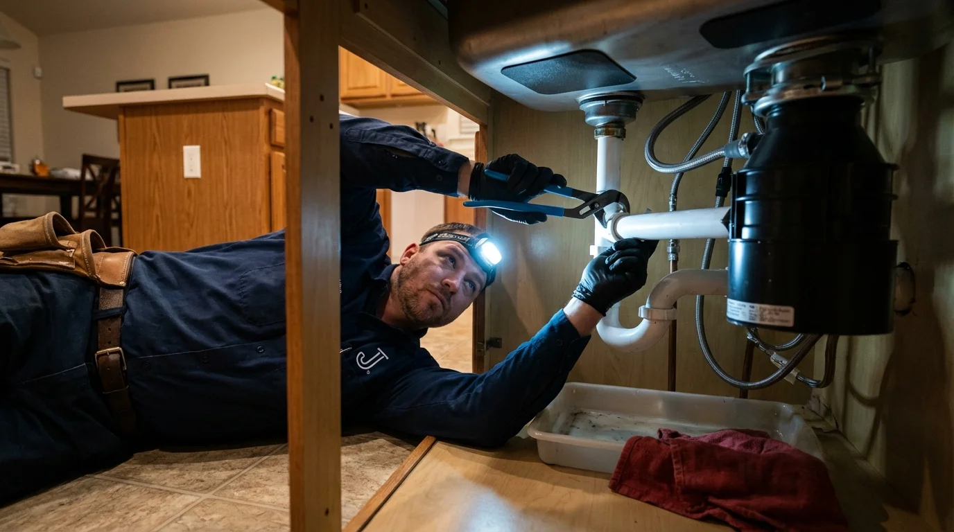 P-trap and supply line connections under a kitchen sink showing a common leak point in Addis, LA